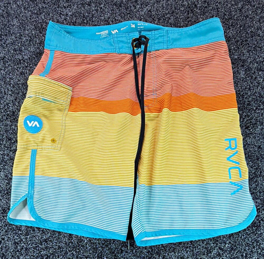 RVCA Board Shorts Mens 34 Blue Orange Yellow Striped Drawstring Pockets Stretch